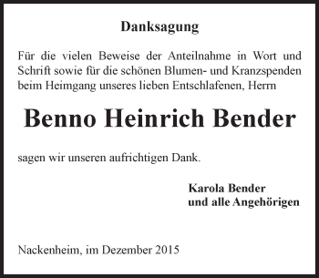 Traueranzeige von Benno Heinrich Bender von  Landskrone