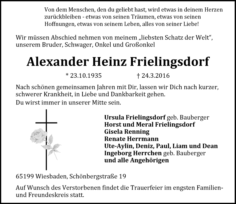  Traueranzeige für Alexander Heinz Frielingsdorf vom 02.04.2016 aus  Wiesbaden komplett
