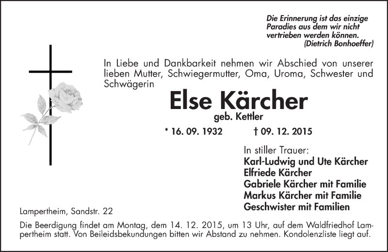  Traueranzeige für Else Kärcher vom 11.12.2015 aus  Bürstädter Zeitung