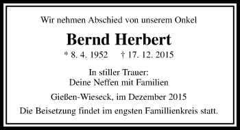 Traueranzeige von Bernd Herbert von  Gießener Anzeiger
