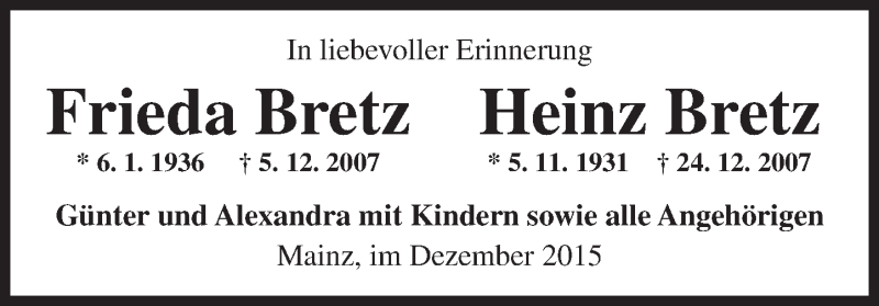  Traueranzeige für Frieda und Heinz Bretz vom 12.12.2015 aus  Allgemeine Zeitung Mainz