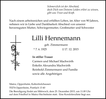 Traueranzeige von Lilli Hennemann von  Allgemeine Zeitung Mainz