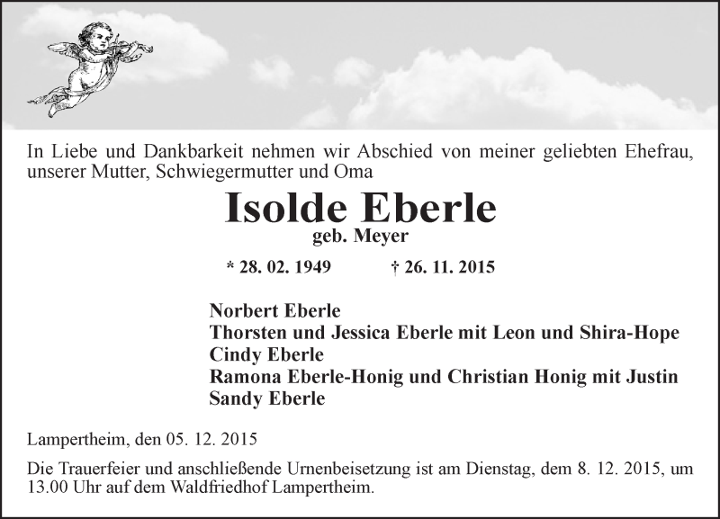  Traueranzeige für Isolde Eberle vom 05.12.2015 aus  Bürstädter Zeitung