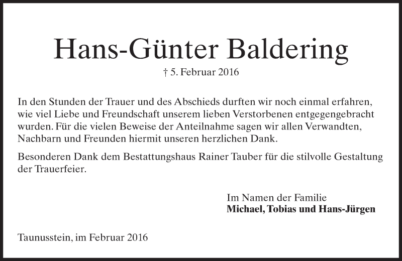  Traueranzeige für Hans-Günter Baldering vom 27.02.2016 aus  Wiesbaden komplett