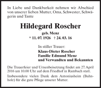 Traueranzeige von Hildegard Roscher von  Wiesbaden komplett