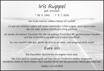 Traueranzeige von Iris Ruppel von  Gießener Anzeiger