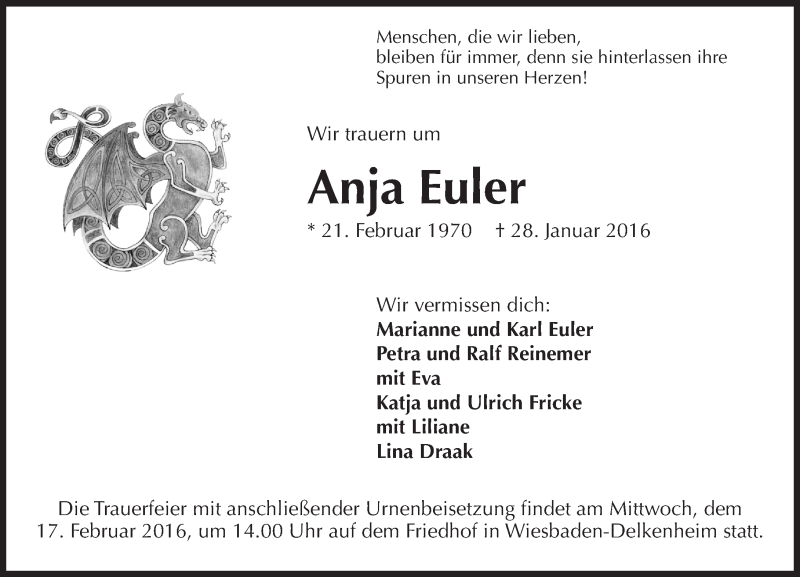  Traueranzeige für Anja Euler vom 13.02.2016 aus  Wiesbaden komplett