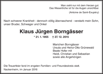 Traueranzeige von Klaus Jürgen Borngässer von  Allgemeine Zeitung Mainz