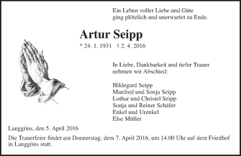 Traueranzeige von Artur Seipp von  Gießener Anzeiger