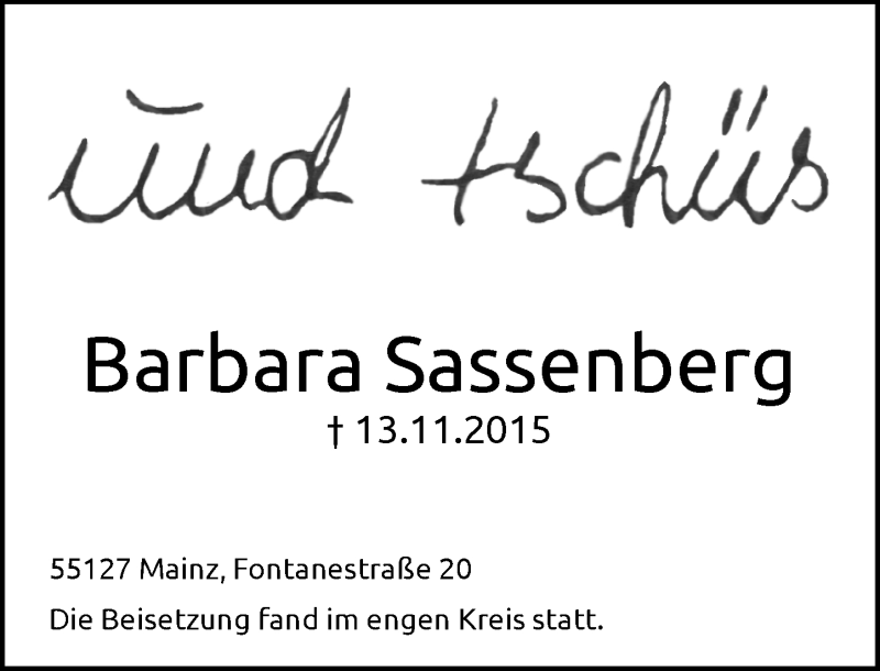  Traueranzeige für Barbara Sassenberg vom 02.12.2015 aus  Allgemeine Zeitung Mainz