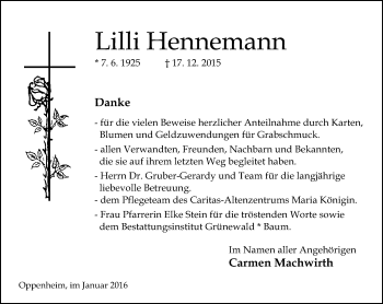 Traueranzeige von Lilli Hennemann von  Allgemeine Zeitung Mainz