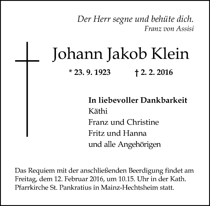 Traueranzeige für Johann Jakob Klein vom 06.02.2016 aus  Allgemeine Zeitung Mainz