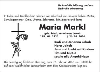Traueranzeige von Maria Markl von  Bürstädter Zeitung