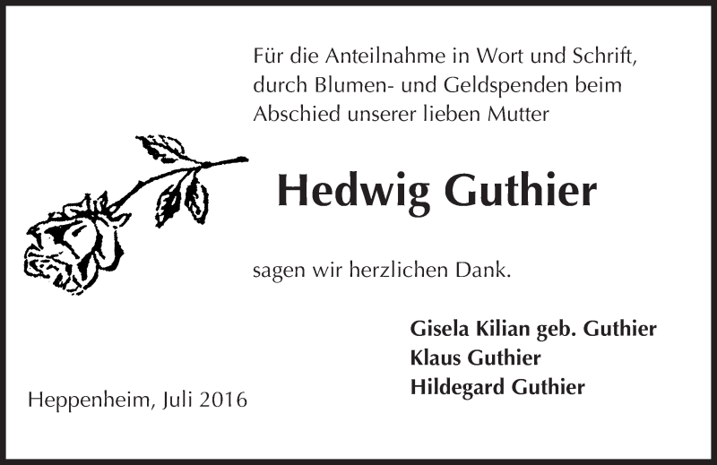  Traueranzeige für Hedwig Guthier vom 14.07.2016 aus Trauerportal Echo Online