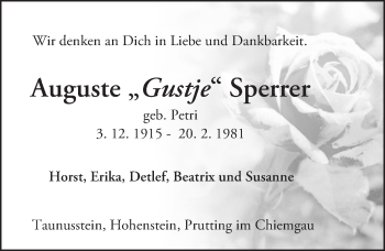 Traueranzeige von Auguste Sperrer von  Wiesbaden komplett