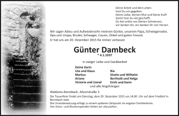 Traueranzeige von Günter Dambeck von  Idsteiner Zeitung
