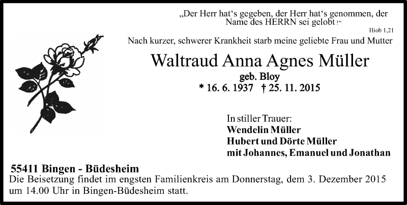  Traueranzeige für Waltraud Anna Agnes Müller vom 01.12.2015 aus  Allg. Zeitung Bad Kreuznach