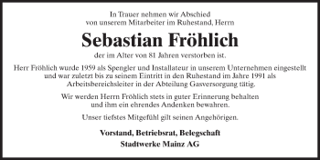 Traueranzeige von Sebastian Fröhlich von Trauerportal Rhein Main Presse