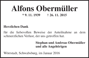 Traueranzeige von Alfons Obermüller von  Allgemeine Zeitung Mainz