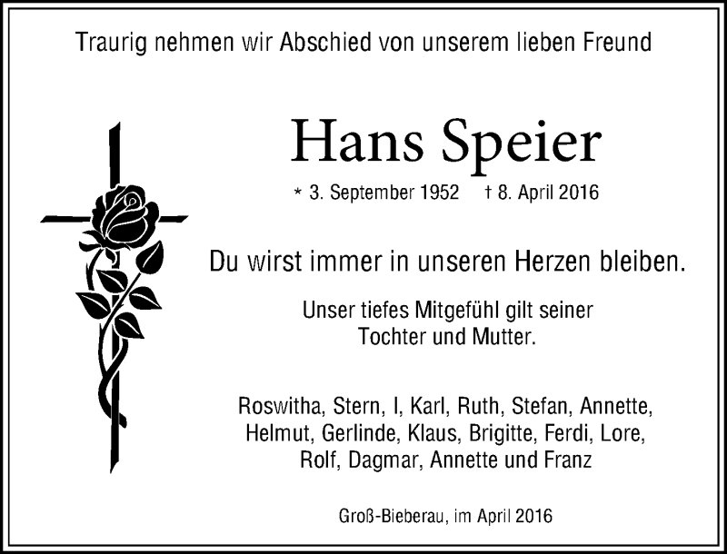  Traueranzeige für Hans Speier vom 13.04.2016 aus trauer.echo-online.de