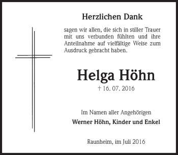 Traueranzeige von Helga Höhn von Trauerportal Rhein Main Presse