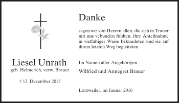 Traueranzeige von Liesel Unrath von  Allgemeine Zeitung Mainz
