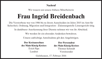 Traueranzeige von Ingrid Breidenbach von  Gelnhäuser Tageblatt