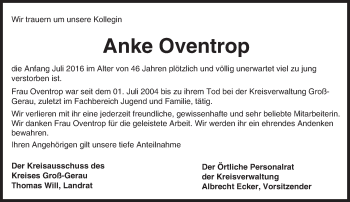 Traueranzeige von Anke Oventrop von Trauerportal Echo Online