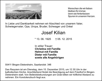 Traueranzeige von Josef Kilian von  Allgemeine  Zeitung Ingelheim-Bingen