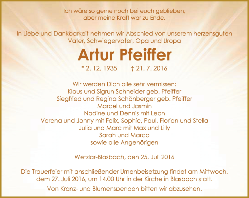  Traueranzeige für Artur Pfeiffer vom 25.07.2016 aus  Gießener Anzeiger