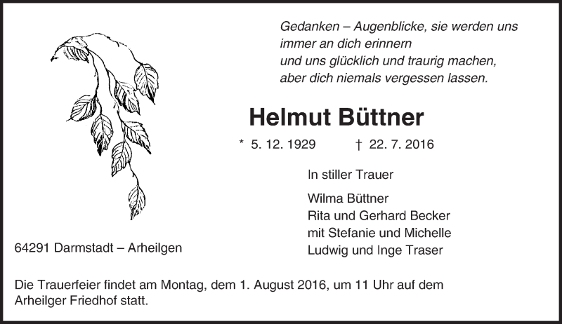  Traueranzeige für Helmut Büttner vom 30.07.2016 aus Trauerportal Echo Online