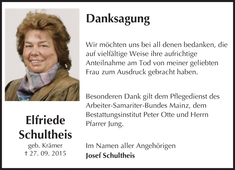  Traueranzeige für Elfriede Schultheis vom 14.11.2015 aus  Allgemeine Zeitung Mainz