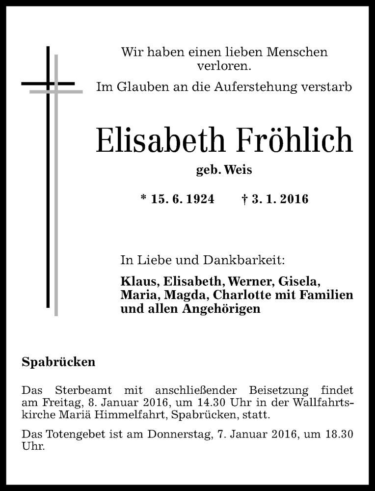 Traueranzeige für Elisabeth Fröhlich vom 06.01.2016 aus  Allg. Zeitung Bad Kreuznach
