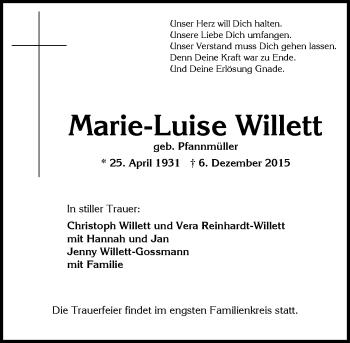 Traueranzeige von Marie-Luise Willett von  Wiesbaden komplett