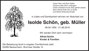 Traueranzeige von Isolde Schön von Trauerportal Rhein Main Presse
