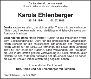 Traueranzeige von Karola Ehlenberger von Trauerportal Rhein Main Presse