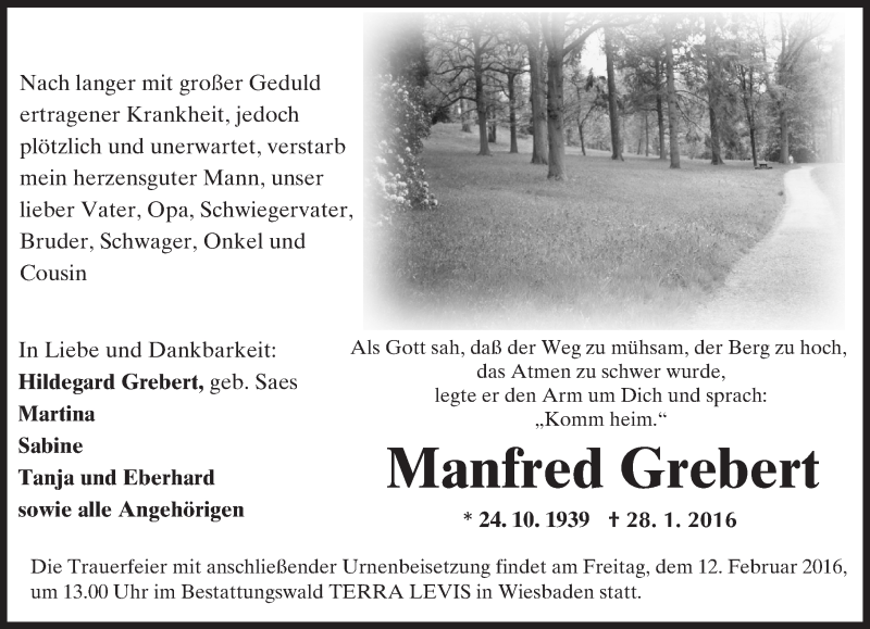  Traueranzeige für Manfred Grebert vom 03.02.2016 aus  Rheingau