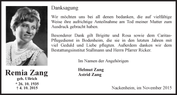 Traueranzeige von Remia Zang von  Allgemeine Zeitung Mainz