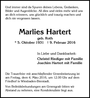 Traueranzeige von Marlies Hartert von  Wiesbaden komplett
