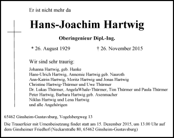 Traueranzeige von Hans-Joachim Hartwig von  Allgemeine Zeitung Mainz