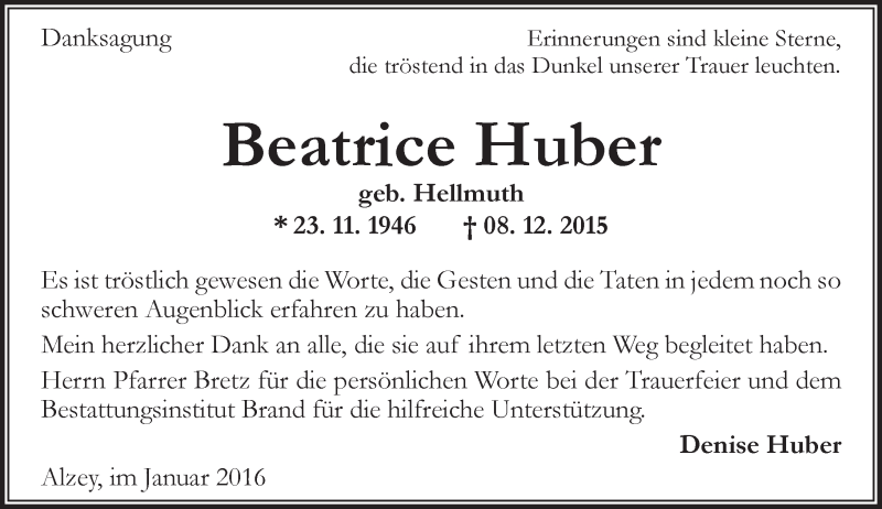  Traueranzeige für Beatrice Huber vom 16.01.2016 aus  Allgemeine Zeitung Alzey