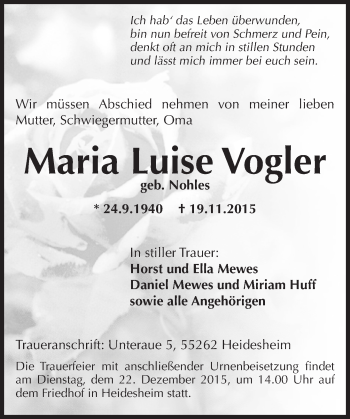 Traueranzeige von Maria Luise Vogler von  Allgemeine Zeitung Mainz