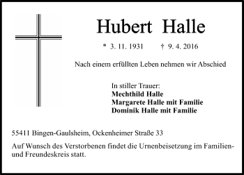 Traueranzeige von Hubert Halle von  Allgemeine  Zeitung Ingelheim-Bingen