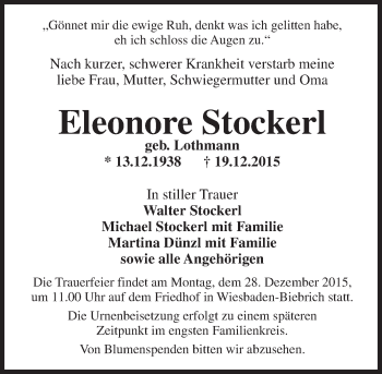 Traueranzeige von Eleonore Stockerl von  Wiesbaden komplett