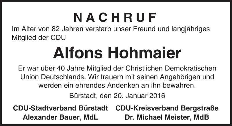  Traueranzeige für Alfons Hohmaier vom 20.01.2016 aus trauer.echo-online.de