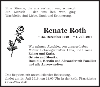 Traueranzeige von Renate Roth von Trauerportal Rhein Main Presse