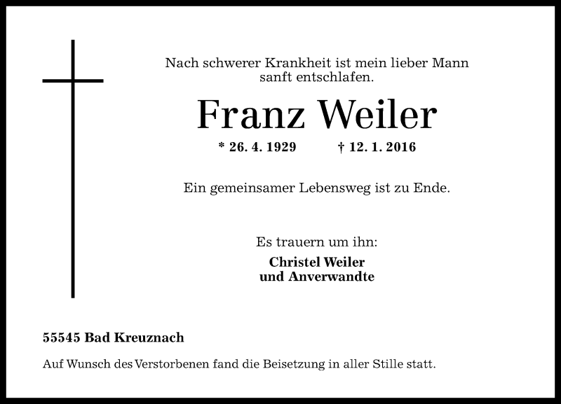  Traueranzeige für Franz Weiler vom 28.01.2016 aus  Allg. Zeitung Bad Kreuznach
