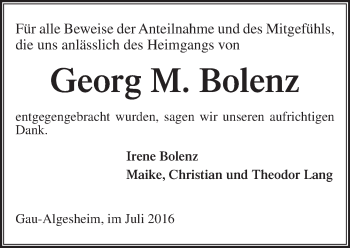 Traueranzeige von Georg M. Bolenz von Trauerportal Rhein Main Presse