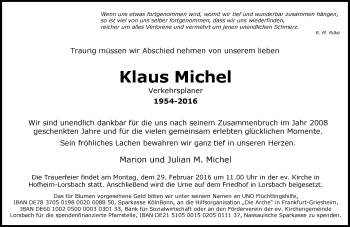 Traueranzeige von Klaus Michel von  Hofheimer Zeitung
