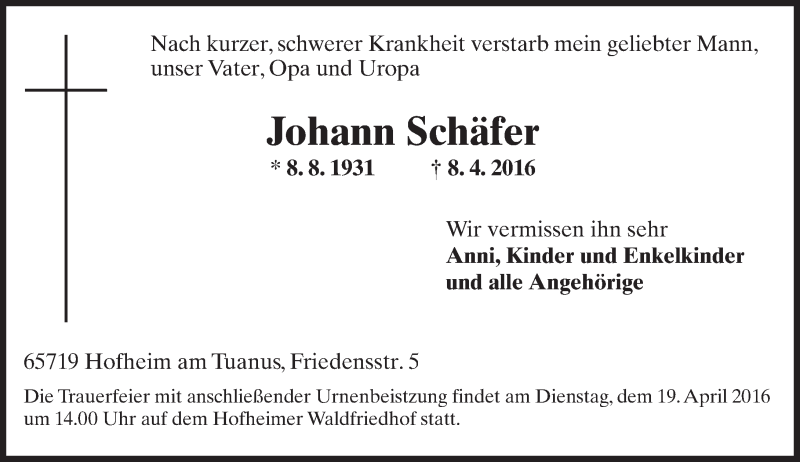  Traueranzeige für Johann Schäfer vom 15.04.2016 aus  Hofheimer Zeitung